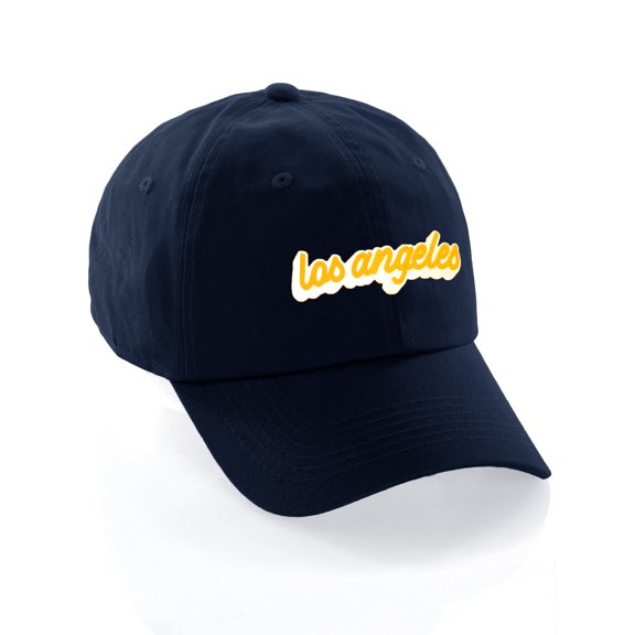 Classic Unstructured USA Cities Baseball Dad Hat 3D Raised PVC Letters Cap, Los Angeles Navy, White Gold