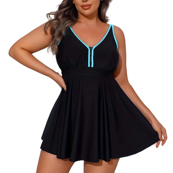 Women Plus Size One Piece Swim Dress with Front Zipper V Neck Tummy Control Swimwear Bathing Suit Summer Beach Outfits