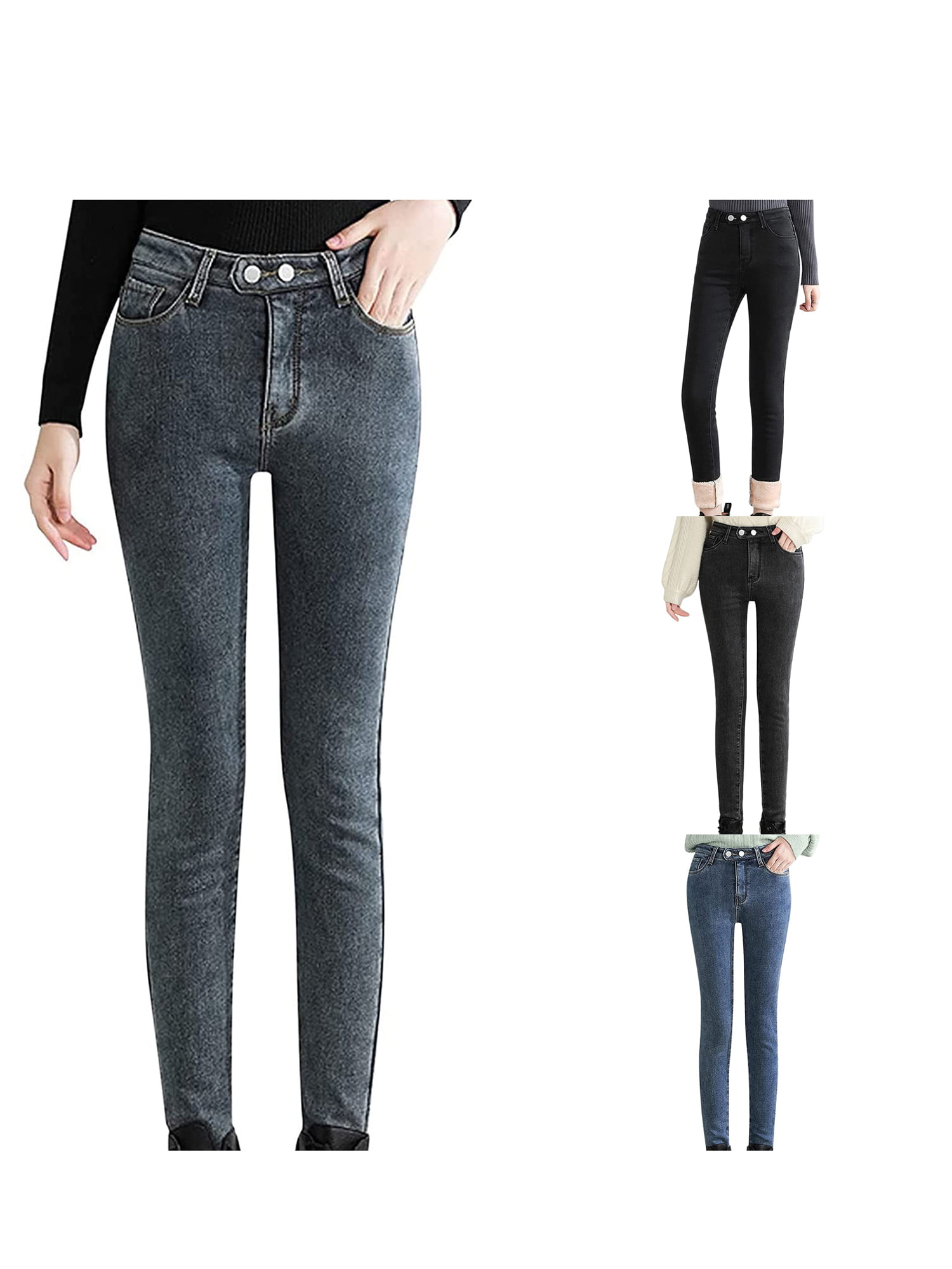 Women Flannel Lined Jean Winter Warm Fleece Lining Jeans, 49% OFF