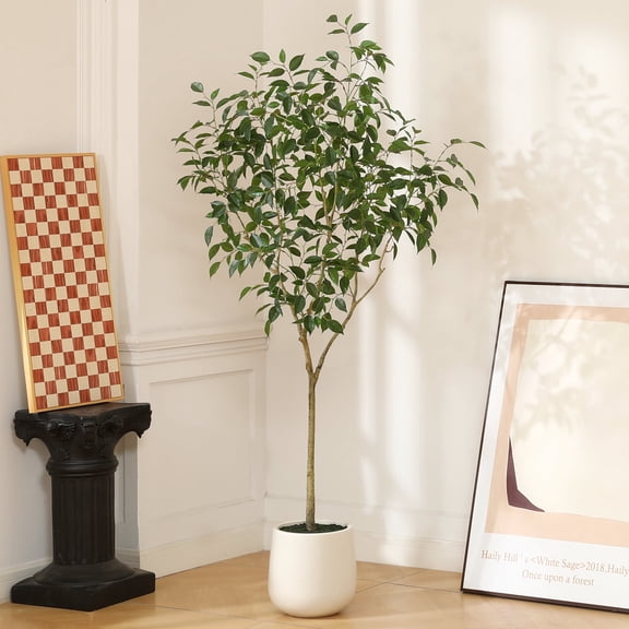 DR.Planzen 6ft Fake Ficus Tree with Oval White Planter, Pre Potted Faux Greenry Plant for Home Decor Office House Living Room Indoor Outdoor, Big Fake Plants Fake House Plants