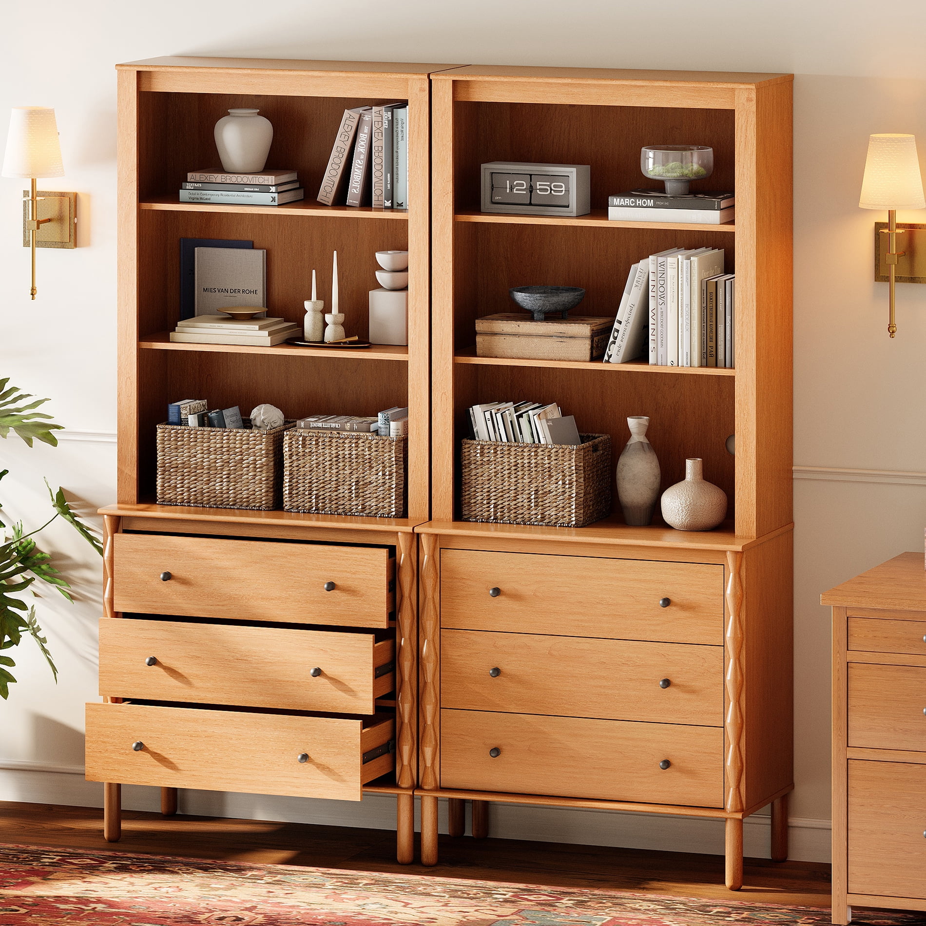 73" Tall Bookshelf with 3 Drawers and Open Book Shelves,Set of 2,Walnut