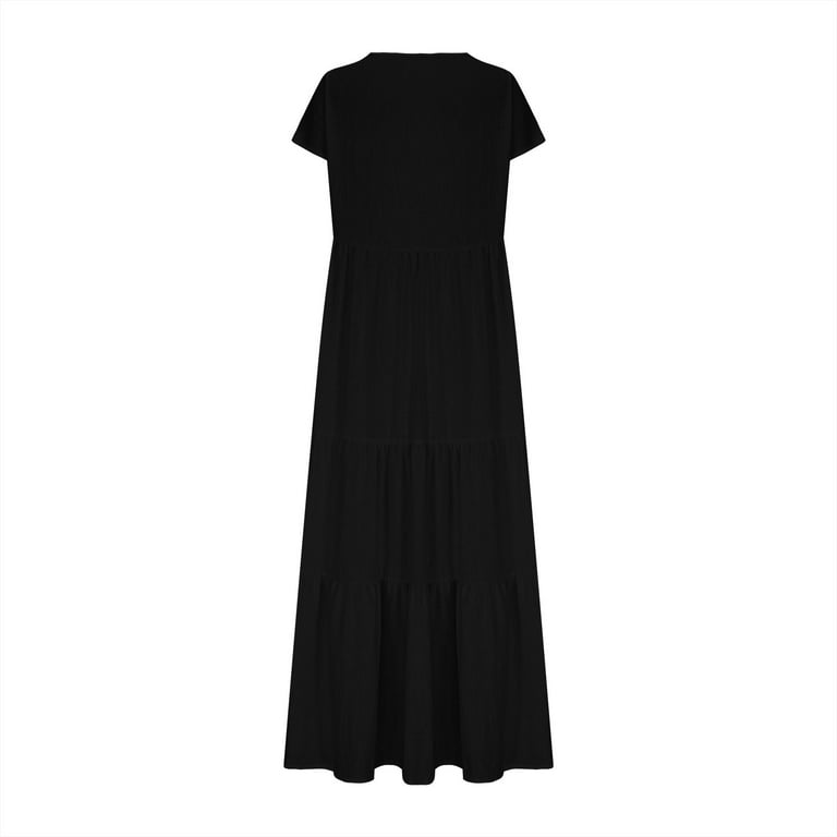 Meichang Cotton Linen Dresses for Women Summer V Neck Short Sleeve Ruffle Tiered  Maxi Dresses Flowy Swing Loose Fit Long Dress Women's Beach Linen Dresses -  Walmart.com