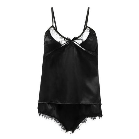 

DNDKILG Satin Cami and Shorts Sets Nightwear Pajamas Set for Women Lace Loungewear Pj Set Two-Piece Sleepwear Black L