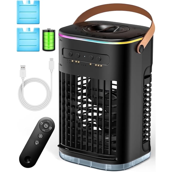 Small Portable Air Conditioner 5400mAh Battery, 2Ice Packs Personal Air Cooler, 7H Timer & 16.5ft Remote, 7Color Light, 1200ML Water Tank, 3Speed & 2Cool Mist Small AC Unit for Bedroom
