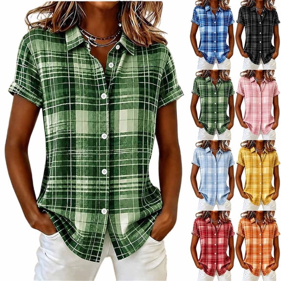 Button Down Shirts for Women Short Sleeve Tops Womens Plaid Printed Collared Casual Fall Blouses