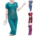 thumbnail image 5 of Summer Women Pajamas O Neck Floral Print Short Sleeve T-shirt Pants Loose Outfit for Middle-aged, 5 of 7