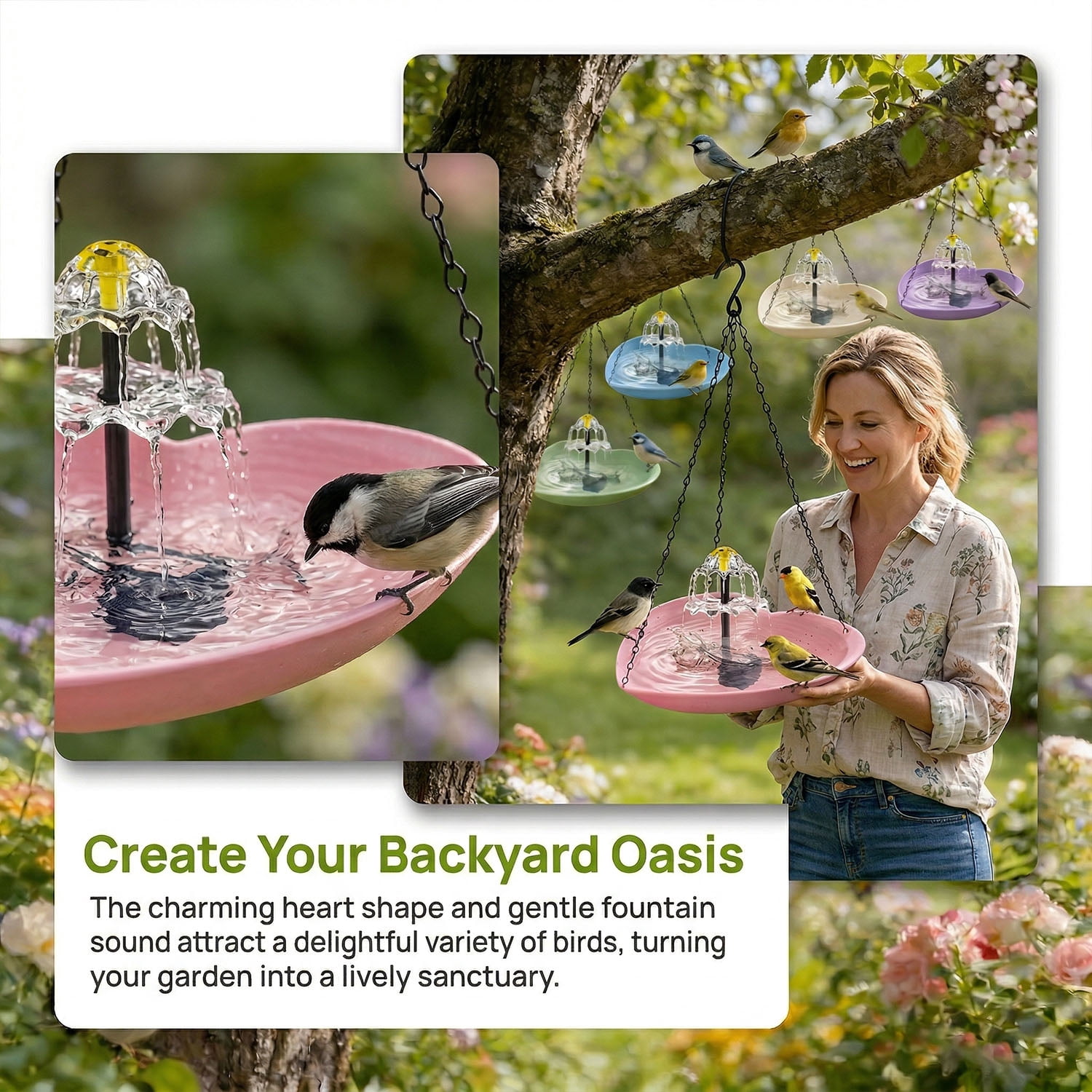 Fountwell Hanging Solar Bird Bath Fountain with Built-in Pump, Heart-Shaped Basin Cascade Water Flow – All-in-One No Wiring for Garden, Patio, Hummingbirds