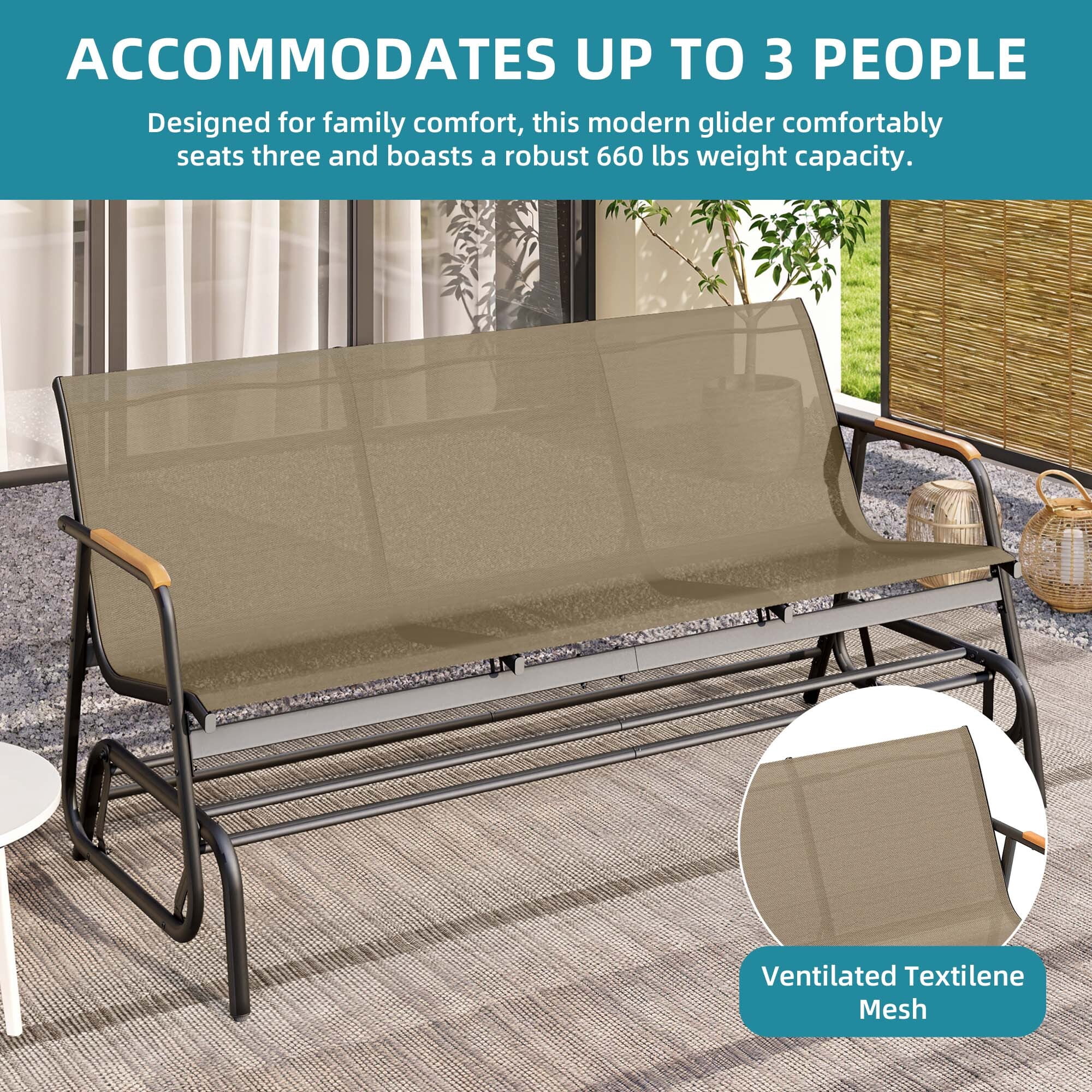 Uforic 3-Seat Patio Glider Bench, Outdoor Porch Swing with Breathable Textilene Mesh Fabric, Brown