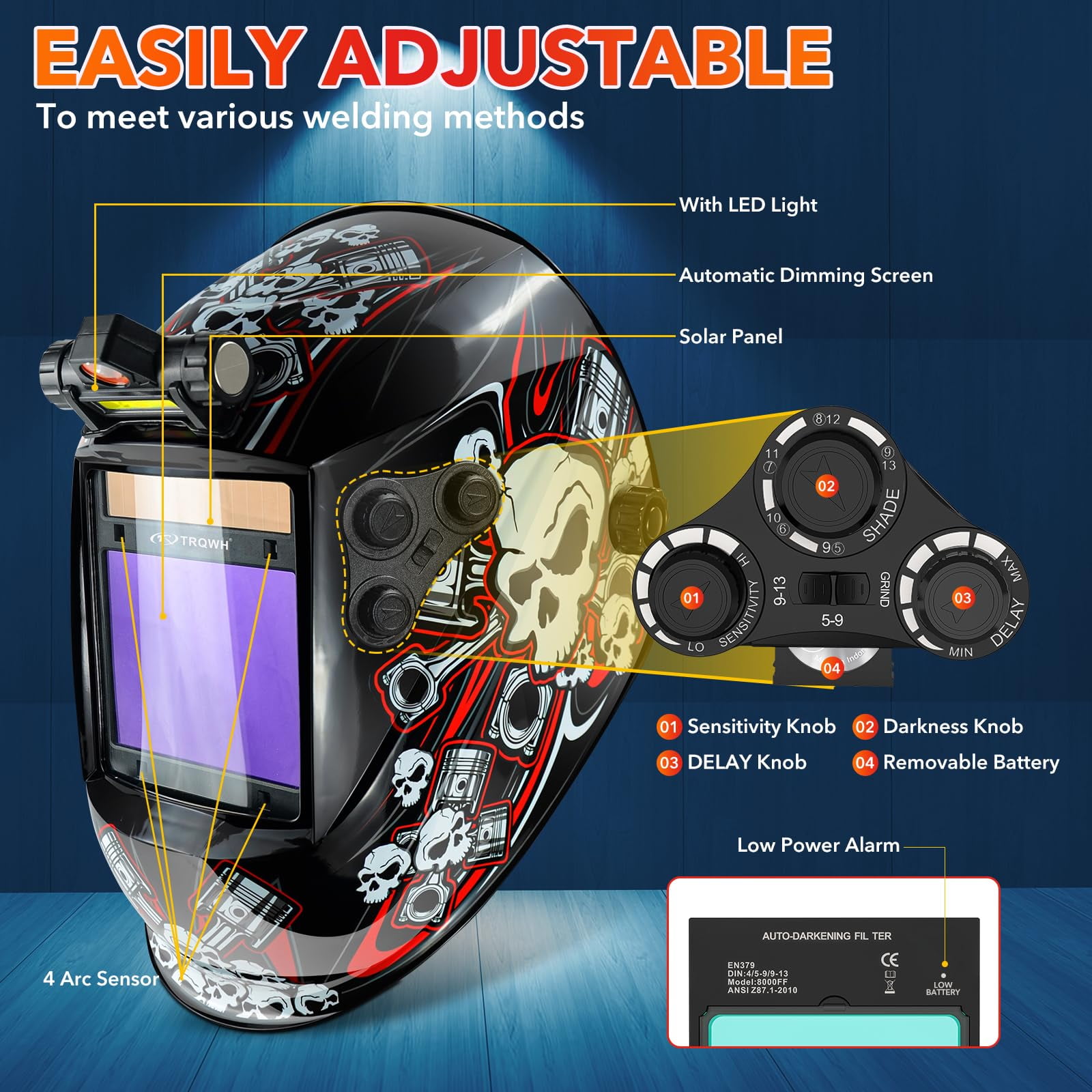 Large View 3.94" x 3.15" Welding Helmet Auto Darkening Welding Hood with LED Light Solar Powered True Color 4 Arc Sensor Welding Mask Wide Shade 4/5-9/9-13 Weld Helmet with Grinding