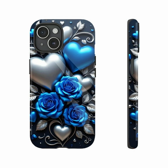 Blue Silver Heart Rose Decorative iPhone Case Luxury Valentines Day Gift Compatible with iPhone 11/12/13/14/15/16 (Pro Max/Plus)