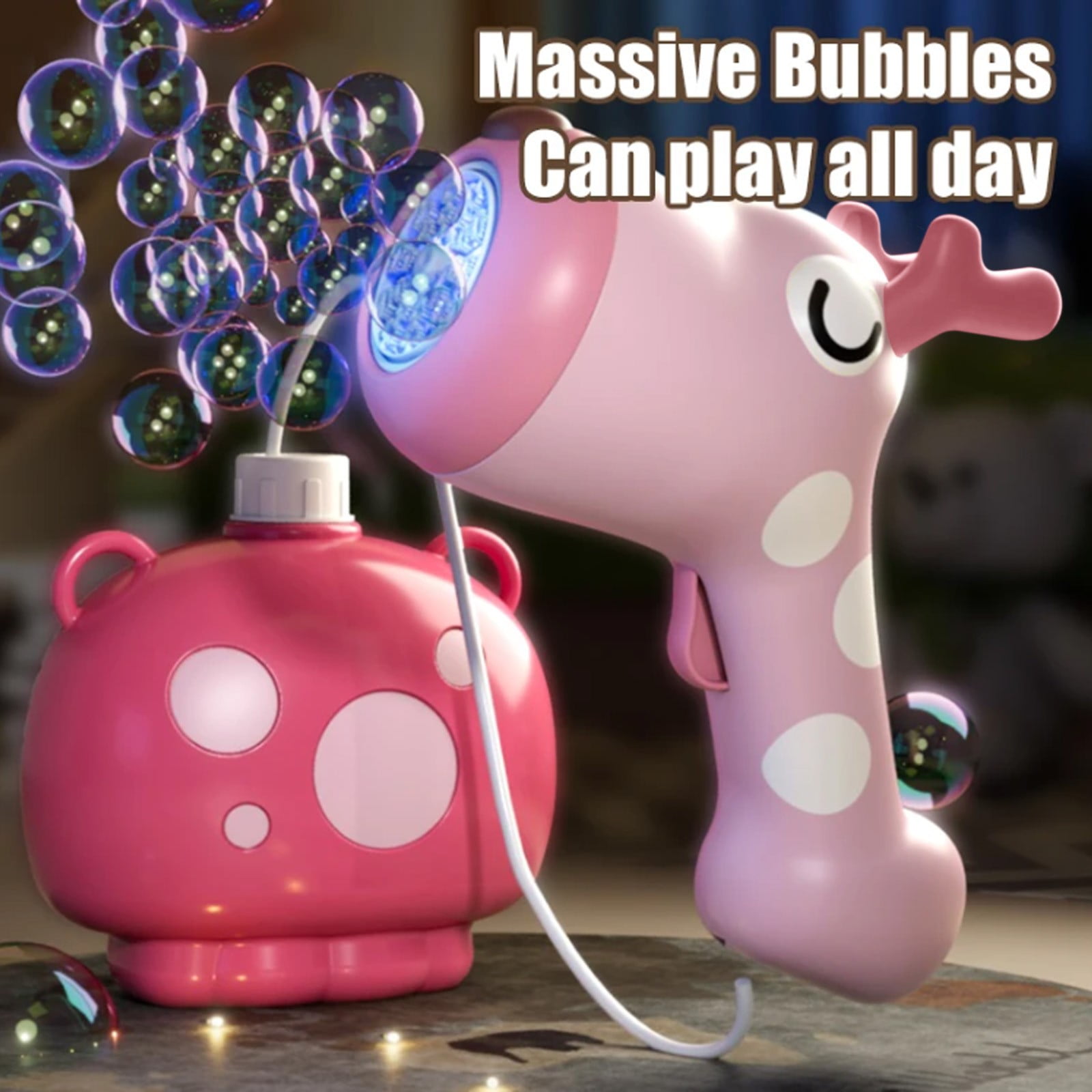 Deer and Puppy Design 20 Hole Backpack Bubble Blower with Colorful LED Lights for Outdoor Fun Activities, Summer Parties and Backyard Entertainment Featuring Automatic Bubble Generation