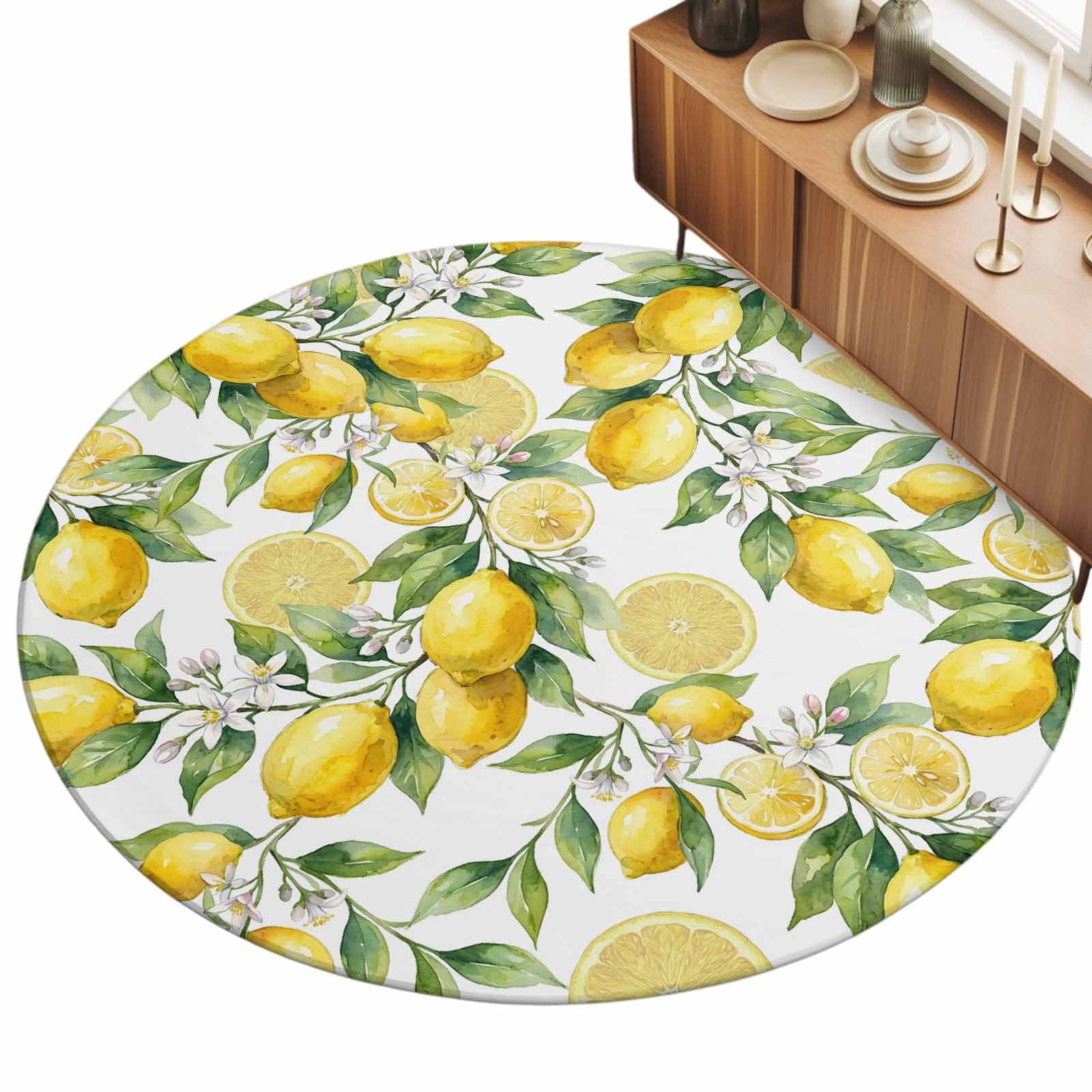 Round Area Rugs 7Ft, Lemon Non-Slip Washable Circle Rugs Carpet, Yellow Fruits Summer Watercolor Botanical Leaf Plant Indoor Outdoor Rug Floor Mats Throw Runner for Bedroom Living Room Bathroom