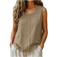 thumbnail image 3 of Women's Tank Tops Round Neck Fashionable Summer Linen Solid Color Sleeveless with Pleats Yoga Training Top, 3 of 7