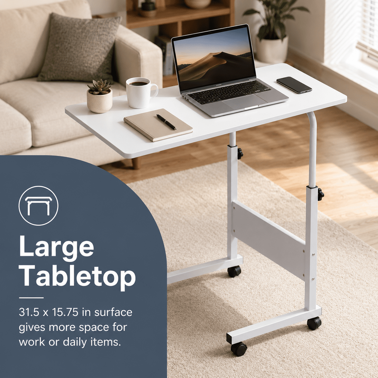 Alvantor Rolling Laptop Table, Height Adjustable, Removable Design, Wheels and Baffle Panel, White, Large, 31.5 x 15.75 in