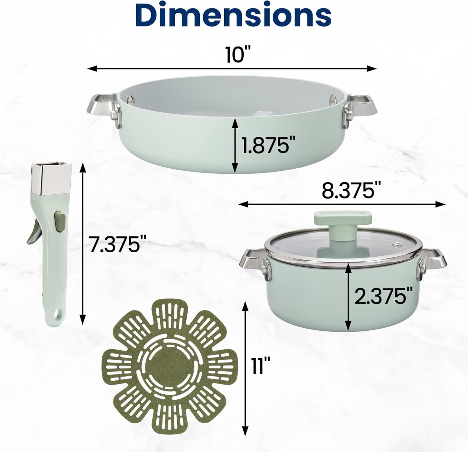 Ceramic Cookware Set 5-Piece with Removable Handle, Induction Compatible, Nonstick and Oven Safe with 8-Inch Frypan, Sage Green