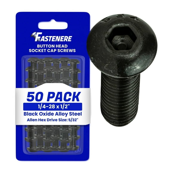 Fastenere Button Head Socket Cap Screws - 1/4-28 x 1/2" (50-Pcs) Alloy Steel, Fully Threaded, Fine Black Oxide Finish, Corrosion-Resistant, Machine Thread, Easy to Install w/ Allen Hex Drive