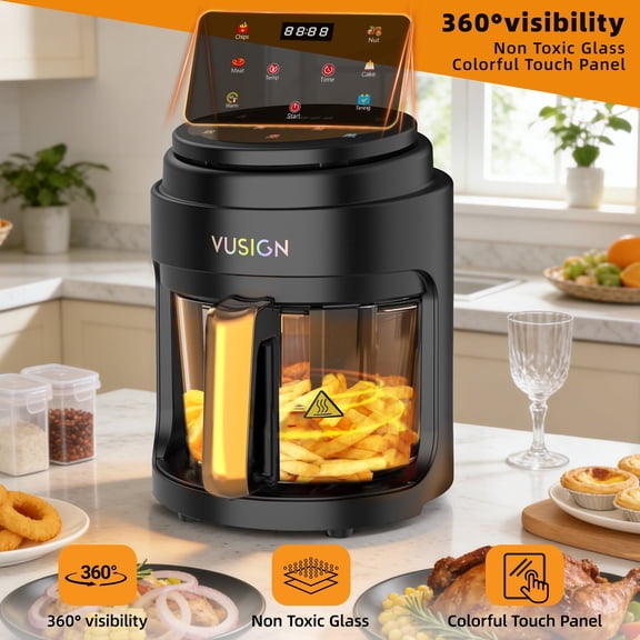 VUSIGN Air Fryer 5 Qt,4 Presets & DIY Functions with Max 410°F Air Fry,360° Glass View Window, LED Digital Touchscreen,Nonstick & Dishwasher Safe Basket,Black