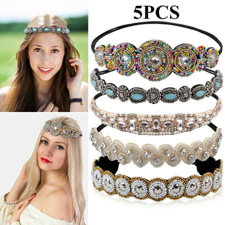 5PCS Boho Headbands for Women,Kapmore Rhinestone Beaded Elastic Headband Wedding Headband Headpiece Hair Accessories for Women Bride