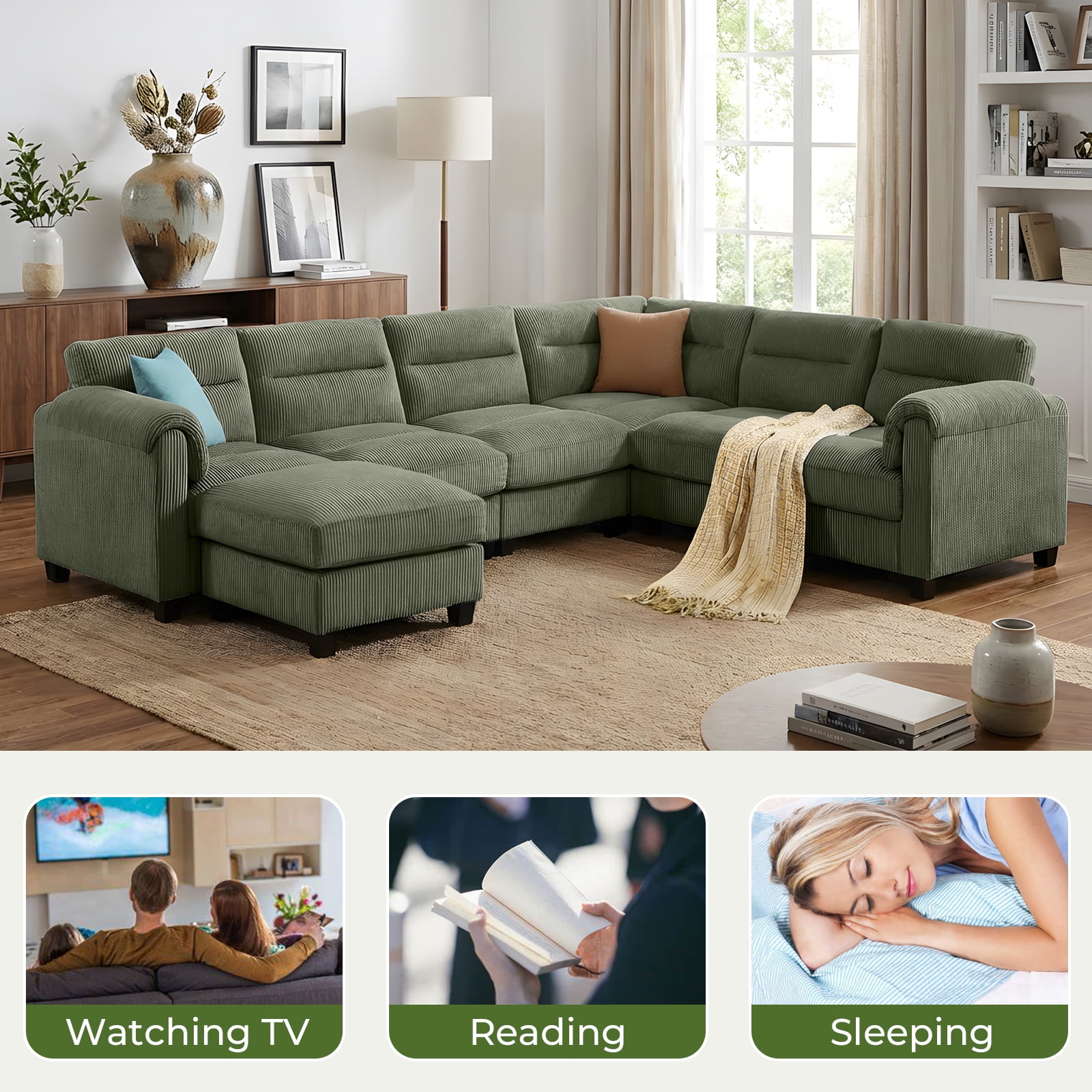 Bonzy Home Convertible Sectional Sofa Couch for Living Room With Ottoman Green