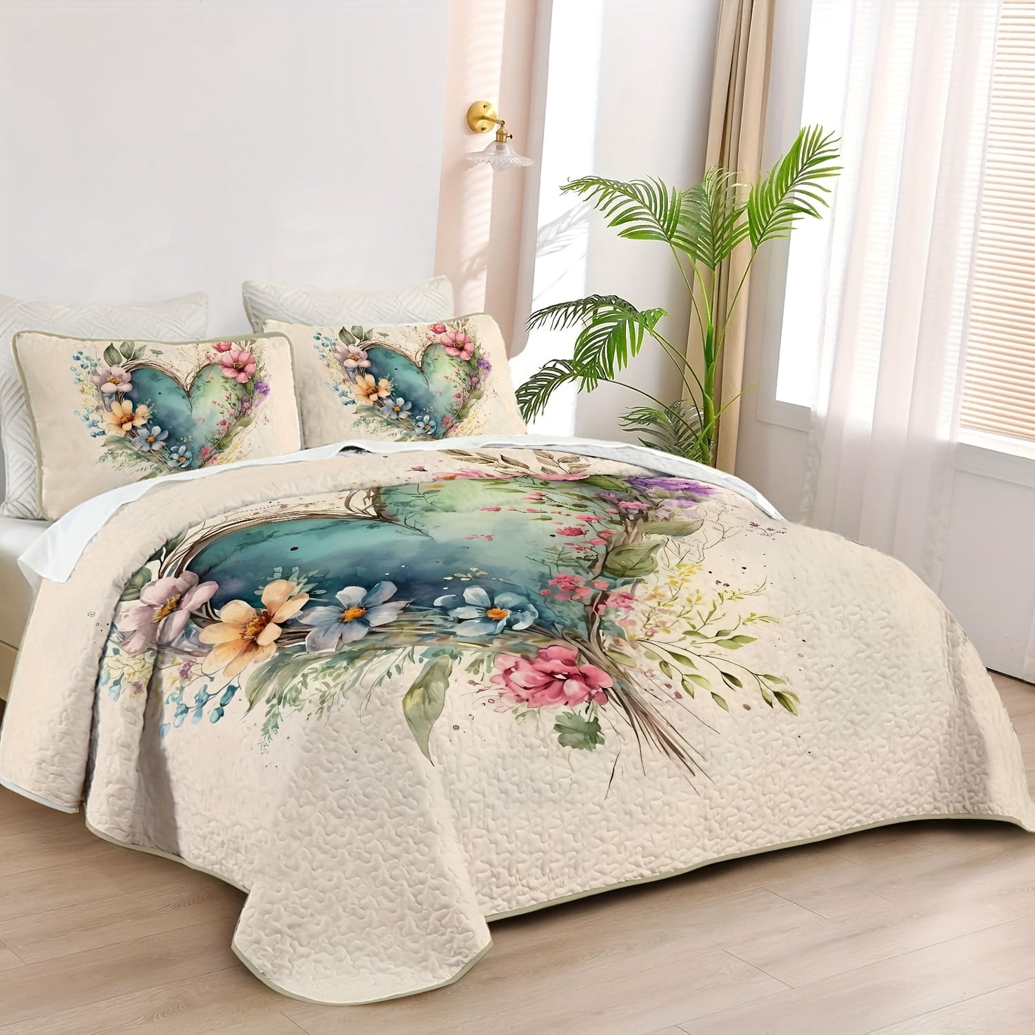 Flymme Quilts for Queen Bed,3 Piece Watercolor Floral Botanical Bedspread Coverlet Set，Heart Shape Flowers Bedding Sets with Pillow Sham for All Season