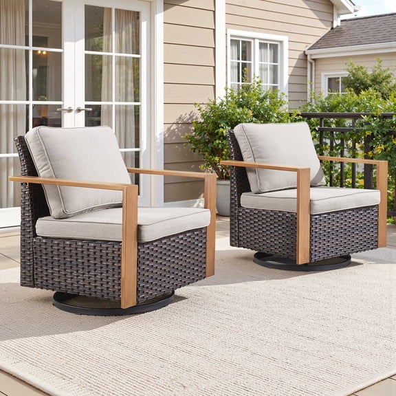 Gymojoy Outdoor Swivel Rocker Chairs Set of 2 with Metal Wide Armrests, Patio Wicker Swivel Glider for Porch, Deck, Sunroom, Backyard