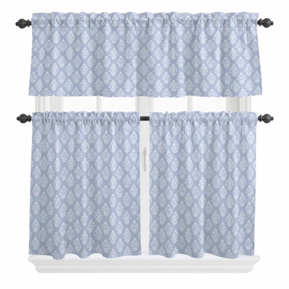 3 Piece Kitchen Curtains and Valances Set Blue Floral Boho Cafe Curtains 36 Inch Length Retro Ethnic Tribe Abstract Art Valance & Tier Curtain for Living Room Bedroom Small Window 54"x18" 27"x36"*2