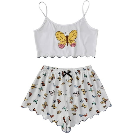 

ZWUYIYHJ Women s Cartoon Print Lettuce Trim Cami Top and Shorts Cute Pajama Set Sleepwear