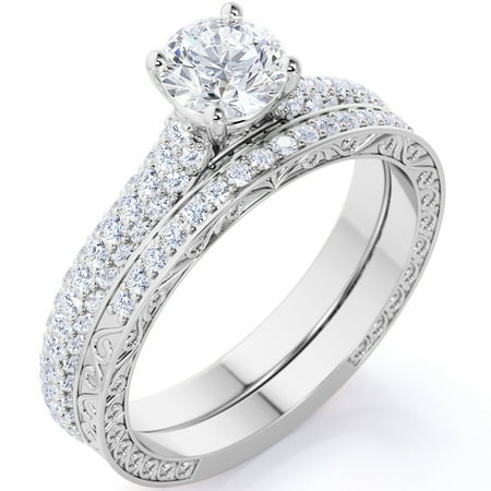 JeenMata 1.5 Carat Round Cut Moissanite Wedding Set - Bridal Set - Filigree Ring - Cluster Ring - 18k White Gold Over Silver
