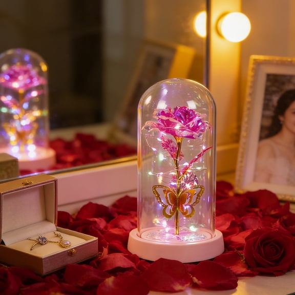Enchanted Rose in Glass Dome with LED Lights Romantic Preserved Flower Night Light Gift for Valentine's Day Anniversary Birthday