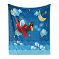 thumbnail image 1 of Moon Soft Flannel Fleece Throw Blanket, Retro Airplane Moon and Stars in Sky Jumping Fish and Wavy Sea Print, Cozy Plush for Indoor and Outdoor Use, 70" x 90", Blue and Yellow, by Ambesonne, 1 of 6