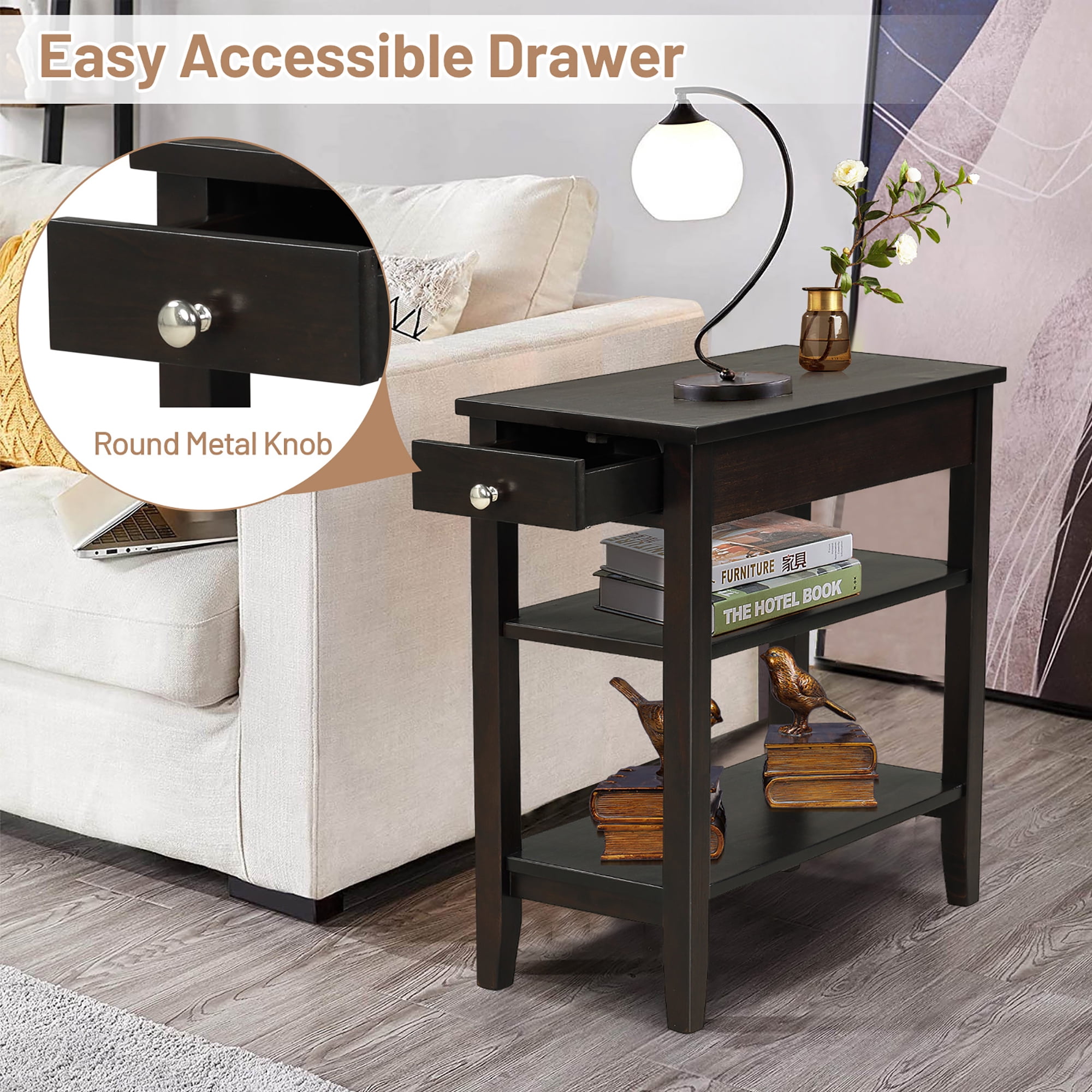 Costway 3-Tier Side End Table with Drawer Double Shelf Narrow Nightstand Espresso