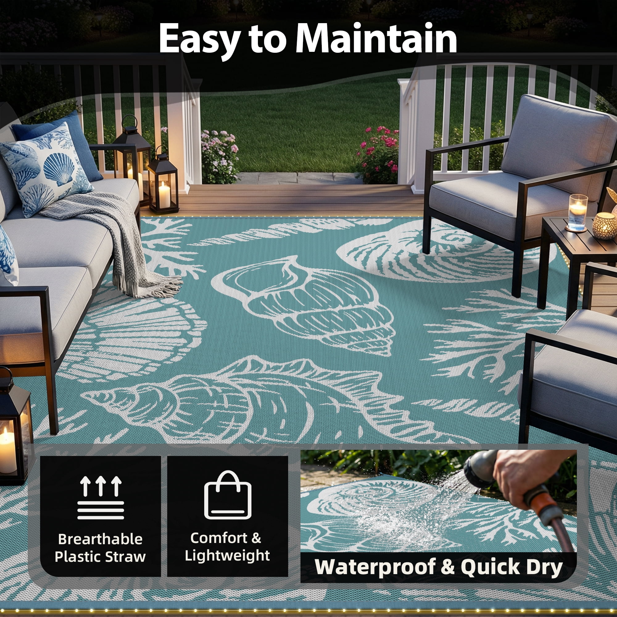 SIXHOME 8'x10' Waterproof Reversible Outdoor Rug with LED Strip Lights, Coastal Ocean-Inspired Patio Rug, Lightweight Woven Plastic Carpet for RV, Camping, Deck & Balcony, Teal