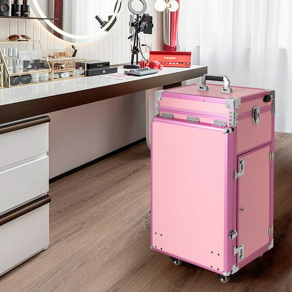 Pink Rolling Manicure Desk Makeup Train Case, Travel Cosmetic Trolley, Storage Organizer With Remote Control