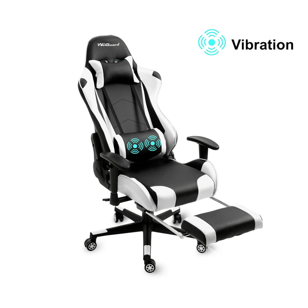 WeGuard Massage Gaming Chair Racing Office Computer Game Chair Swivel Ergonomic Executive PU Leather Chair with Adjustable Headrest and Lumbar and Support Retractable Footrest White
