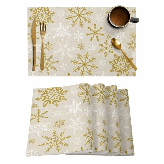 Winter Yellow Snowflake Placemats Set of 8 Christmas White Snowflake Heat Insulation Washable Place Mats, Rustic Non-Slip Table Mats for Dining Table Party Kitchen Decor,13x19 Inch