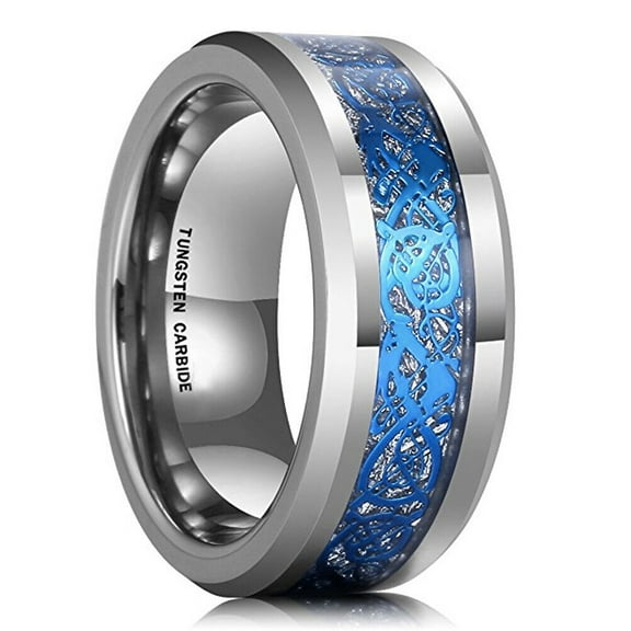 Wedding Ring Men & Women 8mm Silver & Blue Celtic Tungsten Band w Meteorite