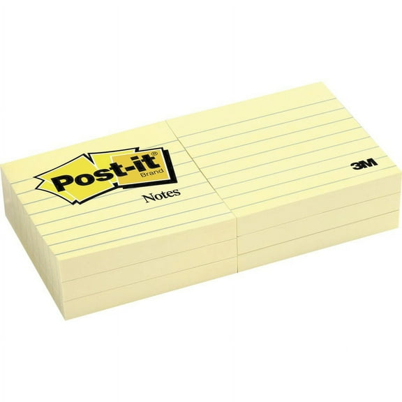 Post-it® Notes Original Lined Notepads - 1200 - 3" x 3" - Square - 100 Sheets per Pad - Ruled - Canary Yellow - Paper - Removable - 12 / Pack | Bundle of 2 Packs