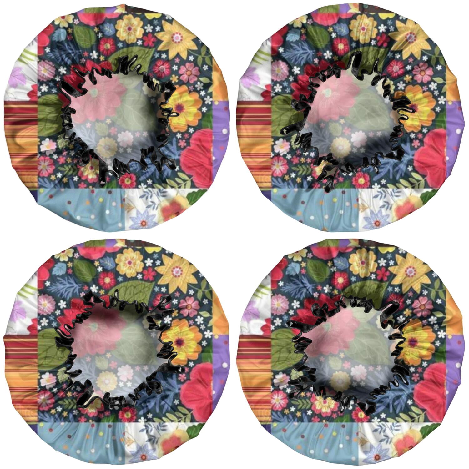 Shower Caps,Pioneer Flower Floral Print Pattern Waterproof Shower Cap for Women 4 Pieces,Double Reusable Hair Cover for Shower PEVA Elastic Stretch Hem