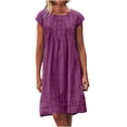 thumbnail image 2 of SDNall Summer Dresses for Women 2024 Fashion Cotton and Linen Crewneck Loose Short Sleeve Solid Mini Dress (Purple, Sizes S-XXXXXL), 2 of 9
