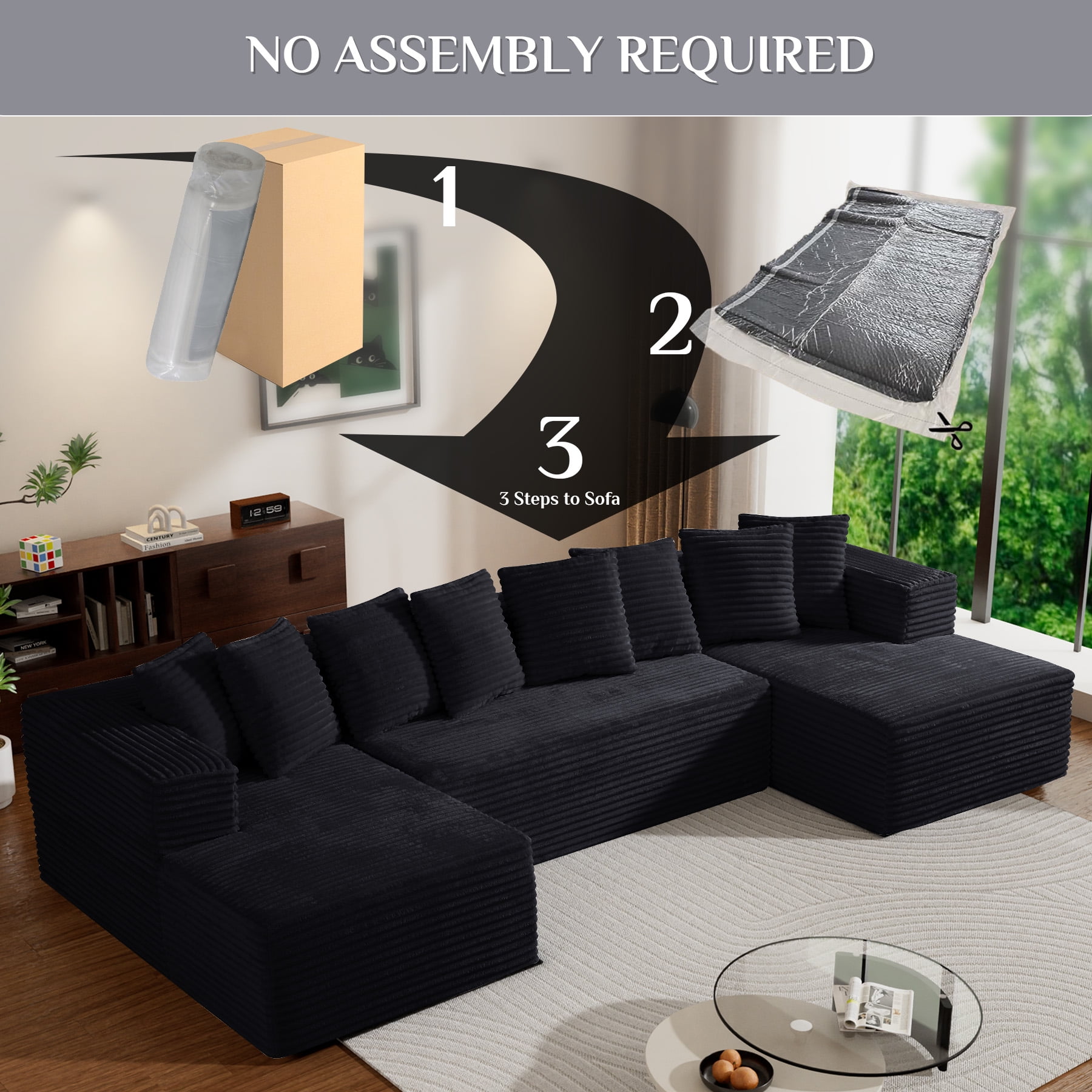Wiilayok U Shaped Sectional Sofa,Modular Cloud Corduroy Sofa Couch with Extra Deep Seat for Living Room Sofa, No Assembly, Black