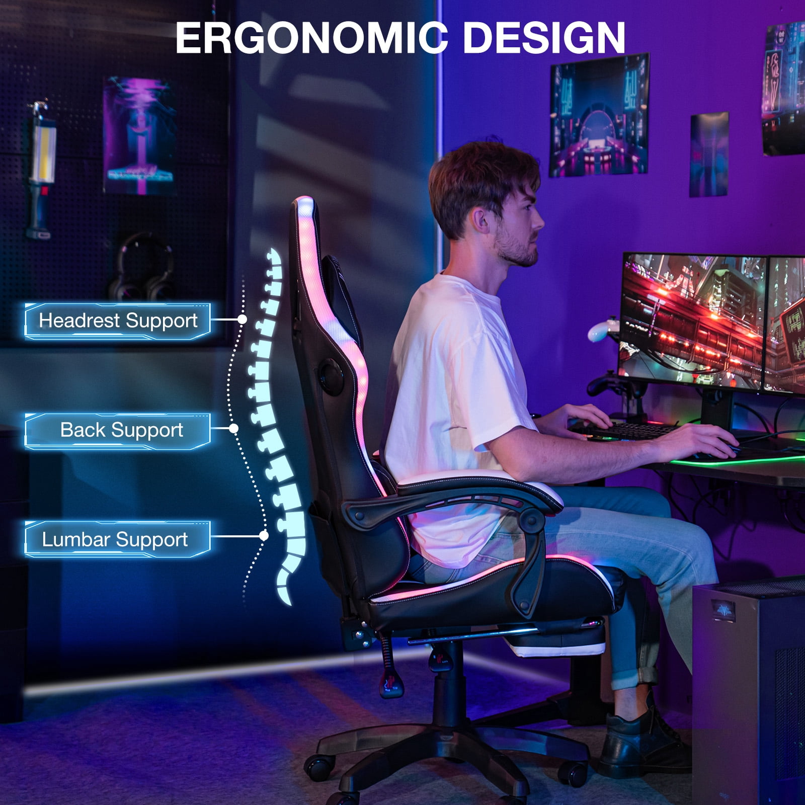 Hoffree Gaming Chair with Speakers Big and Tall Office Chair with Footrest Heavy Duty Gamer Chair with Lumbar Support Height Adjustable 360-Swivel Seat and Headrest for Adults, 400lbs