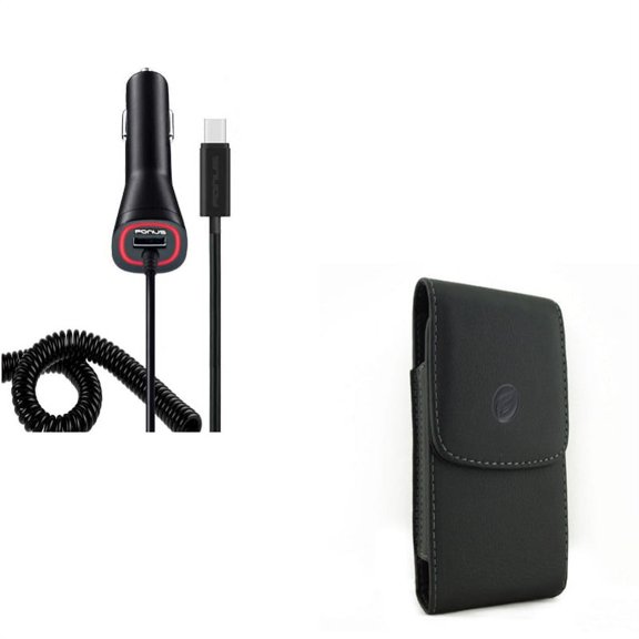Black Vertical Leather Phone Case w Type-C Quick Car Charger DC Adapter USB Port G1K Compatible With Google Pixel 3a XL