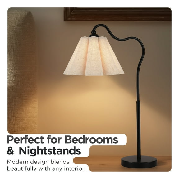 KUNJOULAM Modern Minimalist Style Black Curved Metal Lamp Post Decorative Desk Lamp, Use E26 Bulb With Linen Petal Shaped Lampshade (bulb Not Included)