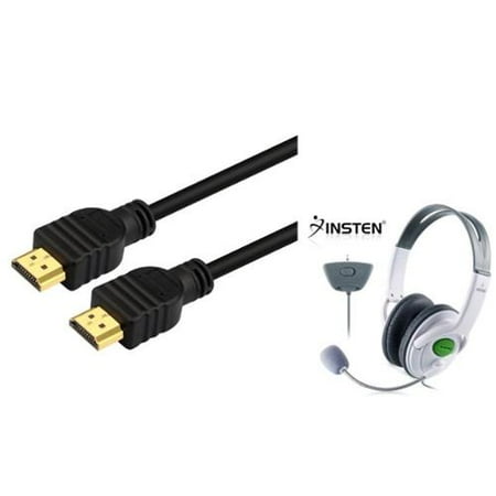 3' HDMI Video Cable by Insten + Headset Headphone w/Mic For Xbox360 X box 360 Slim Live (2-in-1 Accessory Bundle)