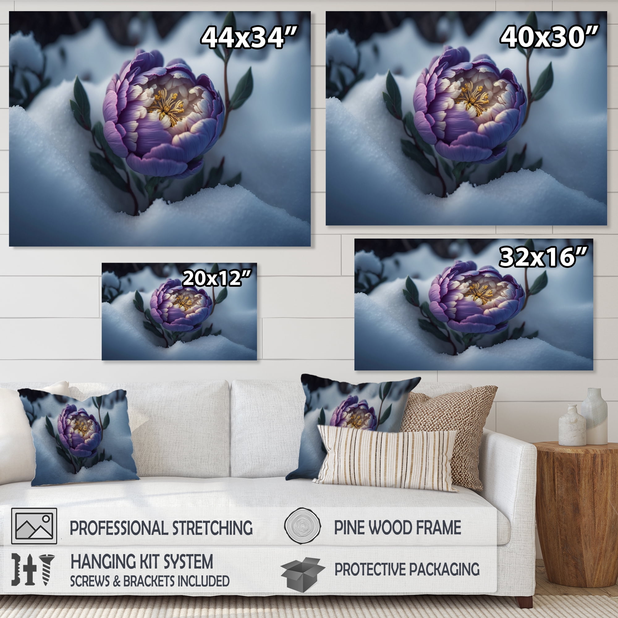 Designart A Blooming Puple Peony Flower In Winter IV Canvas Wall Art