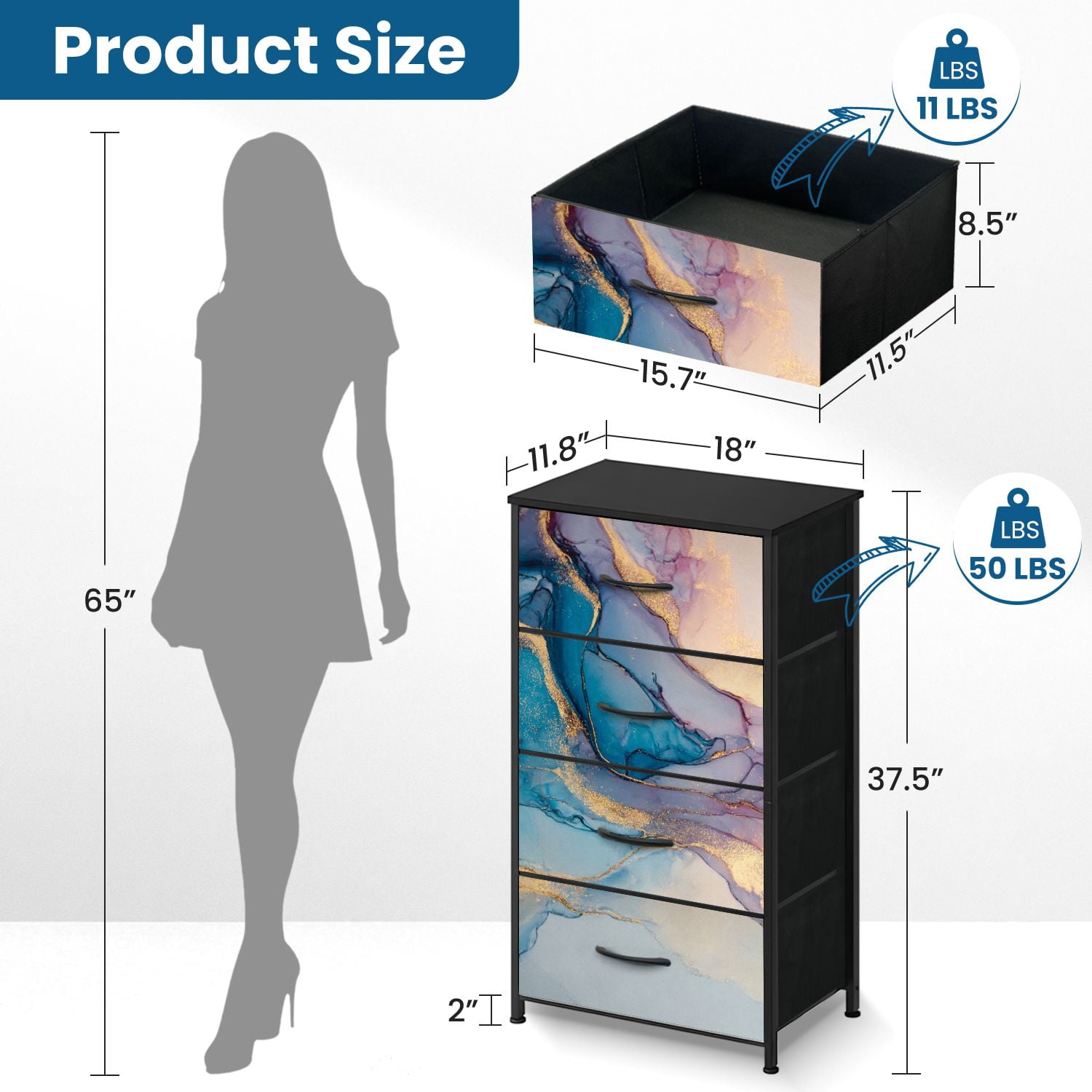 Boho Dresser for Bedroom with 4 Storage Drawers Luxury abstract fluid art painting alcohol ink technique mixture blue Dressers Chest of Drawers Steel Framed Fabric Closet Organizers for Entryway