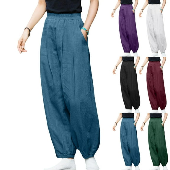 Elainilye Fashion Womens Joggers Casual Slim High Elastic Waist Solid Color Yoga Pants Cotton and Linen Pants,Blue