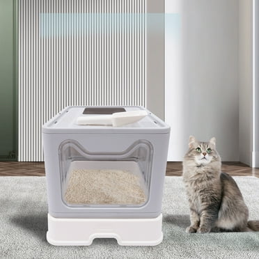 Foldable Semi-Enclosed Cat Litter Box with Clear Door & Litter Scoop, Odor-Control & Spill-Proof Design for Cats Under 10kg