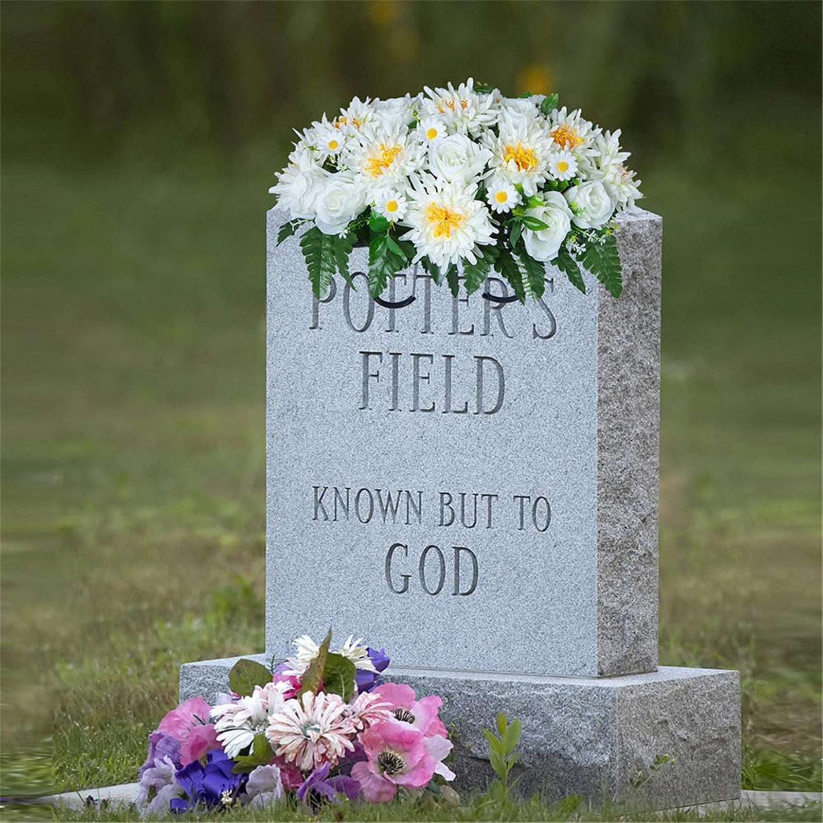 Artificial Cemetery Flower Saddles for Graves, Cemetery Memorial Flowers for Outdoor Tombstone Headstone Decorations, Lily Rose Gerbera Flowers Saddle, Green