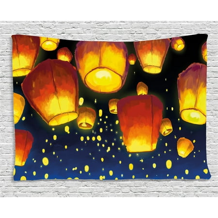 Lantern Tapestry, Floating Fanoos like Devices on Sky Festive Auspicious Asian Culture Chinese, Wall Hanging for Bedroom Living Room Dorm Decor, 60W X 40L Inches, Dark Blue Orange, by